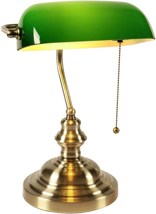 Newrays Glass Bankers Desk Lamp with Pull Chain Switch Plug in Fixture (Green) - LeafyLoom