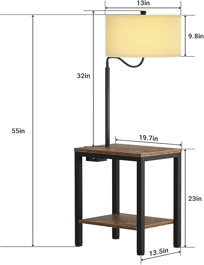 LED Floor Lamp with Table - Rustic End Table with USB Charging Port, Power Outlet, Bedside Nightstand Shelves, Side Table with Reading Standing Light for Living Room, Bedroom, Bulb Included - LeafyLoom