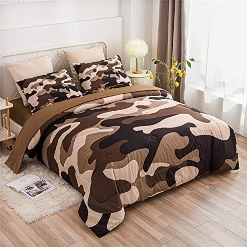 Meeting Story Camouflage Bedding Set, Colorful Pattern Style Comforter Set, 5 PCS One Comforter Two Pillowcases Two Sheets in One Bag, All Season Bedspread for Teens Adults (Coffee, Queen 5Pcs - LeafyLoom