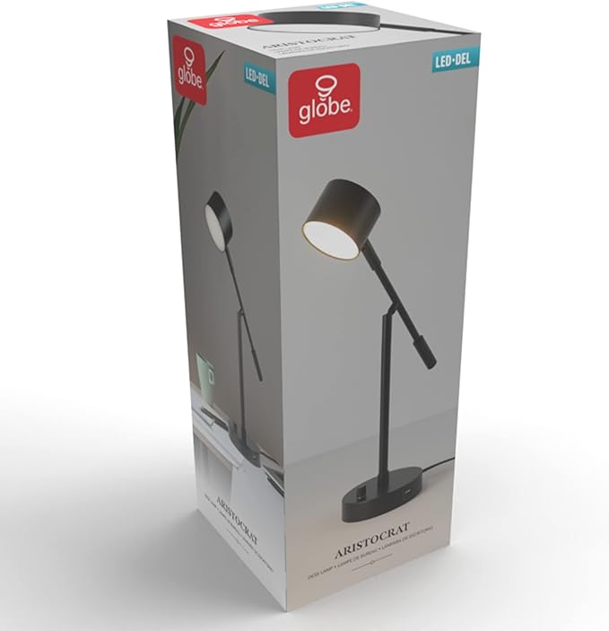 Globe Electric 52271 Aristocrat 16" Integrated LED Swing Arm Desk Lamp, Matte Black, Dimmable On/Off Rotary Switch at Base, 2.1A USB Port - LeafyLoom