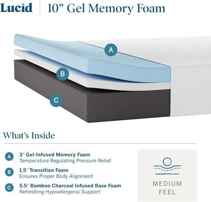 LUCID 10 Inch Memory Foam Mattress - Medium Feel - Infused with Bamboo Charcoal and Gel - Bed in a Box - Temperature Regulating - Pressure Relief - Breathable - Twin Size - LeafyLoom