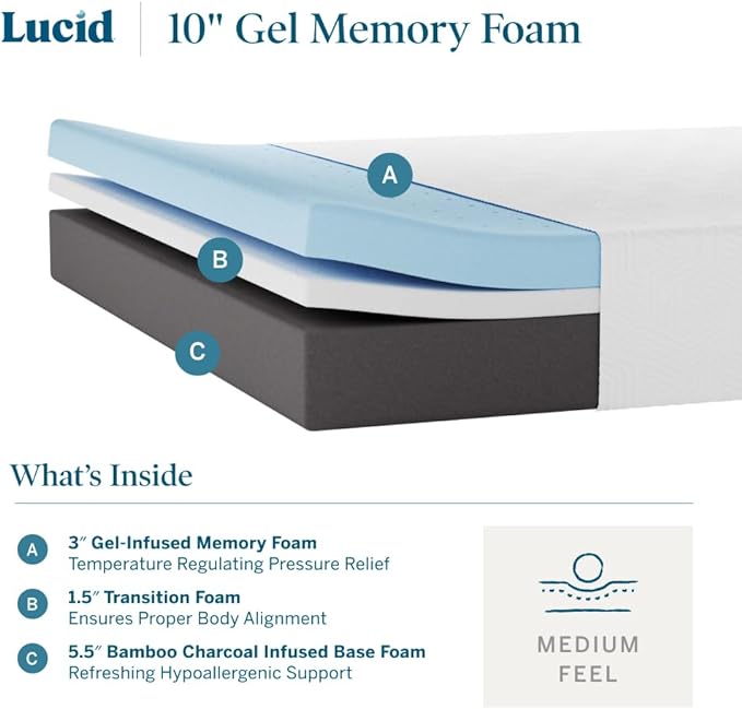 LUCID 10 Inch Memory Foam Mattress - Medium Feel - Infused with Bamboo Charcoal and Gel - Bed in a Box - Temperature Regulating - Pressure Relief - Breathable - Full Size - LeafyLoom