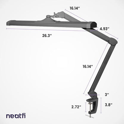 Neatfi Ultra 3,500 Lumen LED Desk Lamp, 45W, 26-Inch Wide Metal Shade, 270 SMD LEDs (Non-CCT with Clamp, Silver) - LeafyLoom