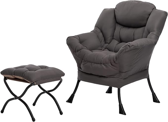 AcozyHom Modern Fabric Lazy Chair and Folding Footrest Stool Set, Accent Comfy Lounge Arm Chair and Ottoman, Leisure Sofa Reading Chair and Metal Cotton Footstool for Living room, Bedroom, Dark Grey - LeafyLoom