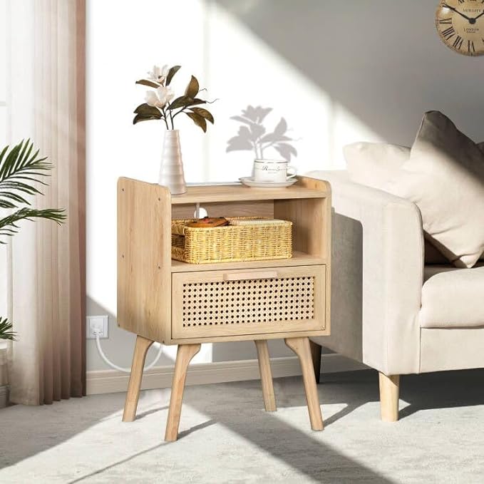 Lerliuo Rattan Nightstand with Charging Station, Boho Side Table with Drawer Open Shelf, Cane Accent Bedside End Table with Solid Wood Legs for Bedroom, Dorm and Small Spaces - LeafyLoom