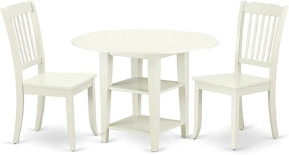 East West Furniture SUDA3-LWH-W 3 Piece Dining Room Table Set Contains a Round Dining Table with Dropleaf & Shelves and 2 Wood Seat Chairs, 42x42 Inch, Linen White - LeafyLoom