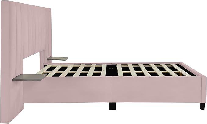 Queen Upholstered Platform Bed Frame with Extended Headboard and and Two Shelves, Velvet Bed, No Box Spring Needed, Pink - LeafyLoom