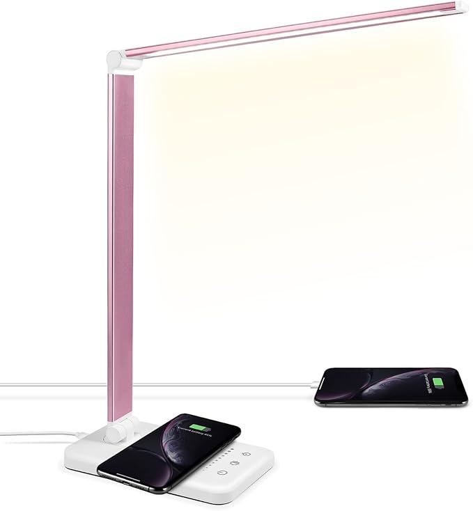 LED Desk Lamp with Wireless Charger, USB Charging Port, Desk Lighting with 10 Brightness, 5 Color Modes, Dimmable Eye Caring Reading Desk Lamps for Home Office, Touch Control, Auto Timer, Pink - LeafyLoom