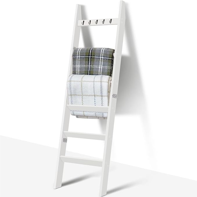 TEAKMAMA Blanket Ladder for Living Room and Bedroom, 5.4 Ft Wall Leaning Blanket Rack, Rustic Decorative Farmhouse Blanket Storage, Quilt Rack, Ladder Holder, Easy to Assemble (White) - LeafyLoom