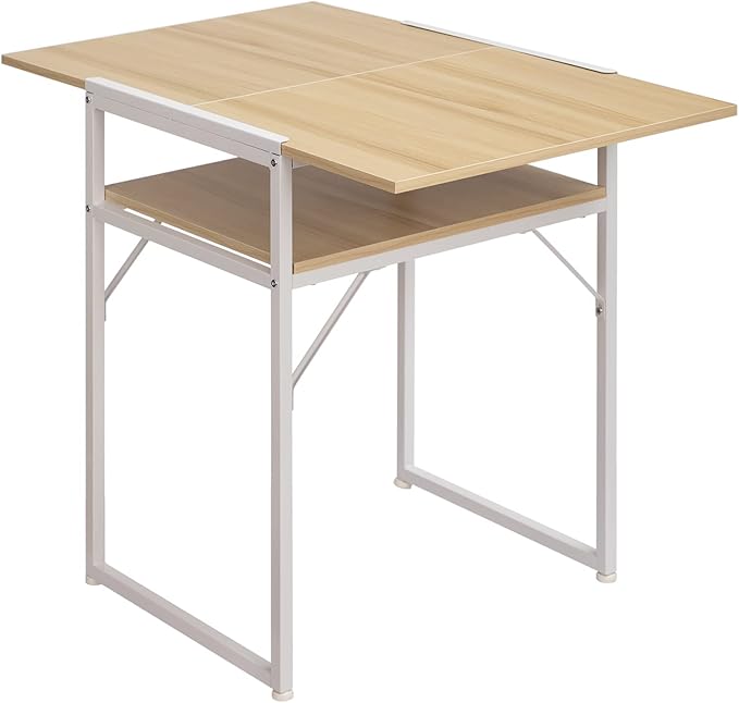 Minimalist Folding Table, Study Desk with Storage Shelf, Small Desk, Portable Computer Desk for Home, Office, Light Brown - LeafyLoom