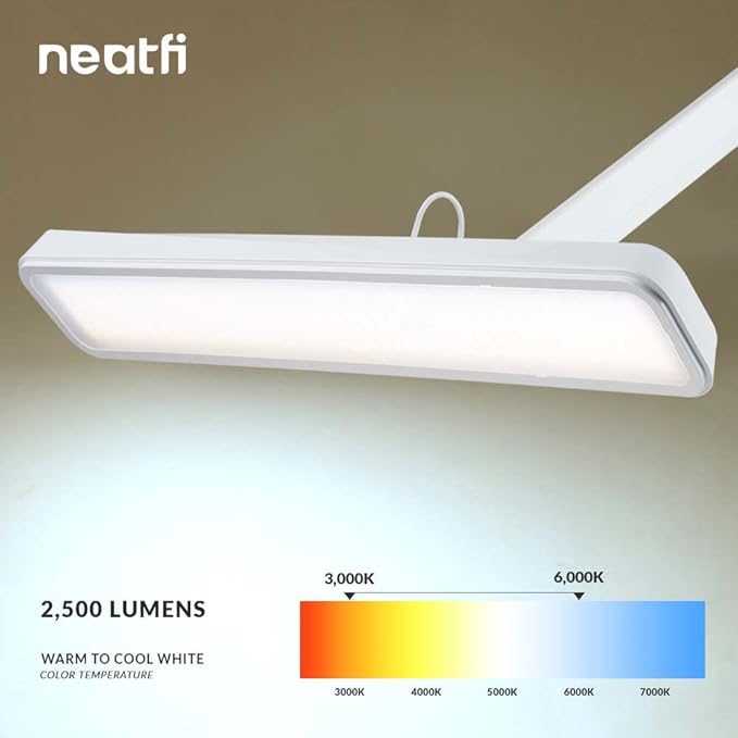 Neatfi (New Model) XL 2,500 Lumens LED Task Lamp with Clamp, 3 Light Modes, 3000-6000K Correlated Color Temperature, 30W Super Bright Desk Lamp, Dimmable, 162 Pcs SMD LED (CCT, White) - LeafyLoom