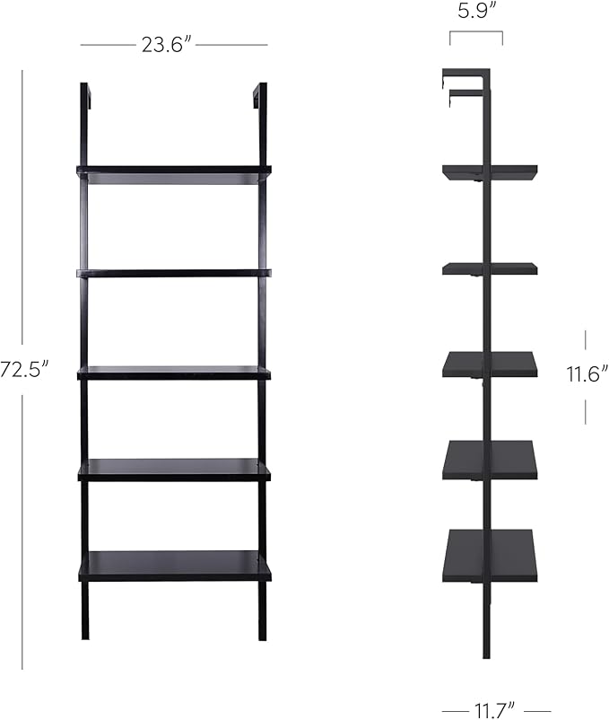 Nathan James Theo 5-Shelf Black Modern Bookcase, Open Wall Mount Ladder Bookshelf with Industrial Metal Frame - LeafyLoom