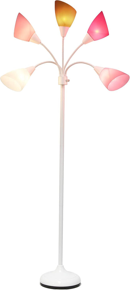 Simple Designs LF2006-WPG 67" Contemporary Multi Head Medusa 5 Light Adjustable Gooseneck White Floor Lamp with Pink, White, Gray Shades for Kids Bedroom Playroom Living Room Office, 30 x 10 x 67 - LeafyLoom