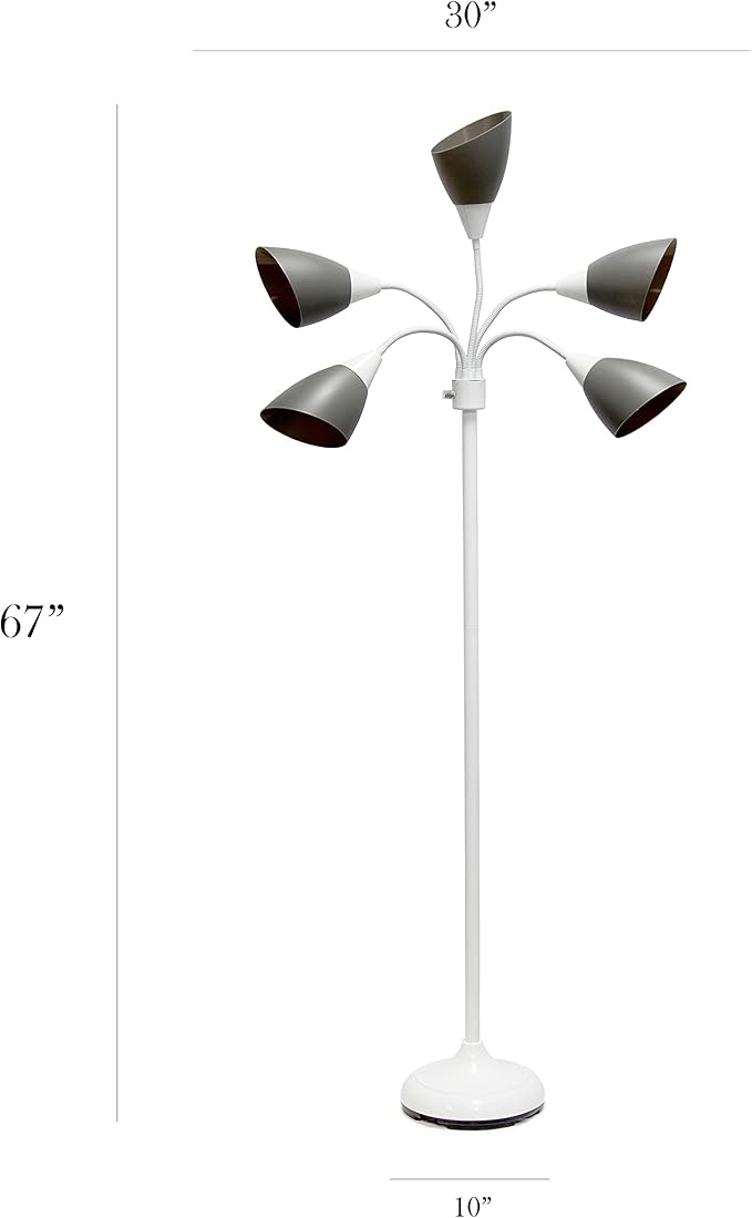 Simple Designs LF2006-GOW 67" Contemporary Multi Head Medusa 5 Light Adjustable Gooseneck White Floor Lamp with Gray Shades for Kids Bedroom Playroom Living Room Office - LeafyLoom