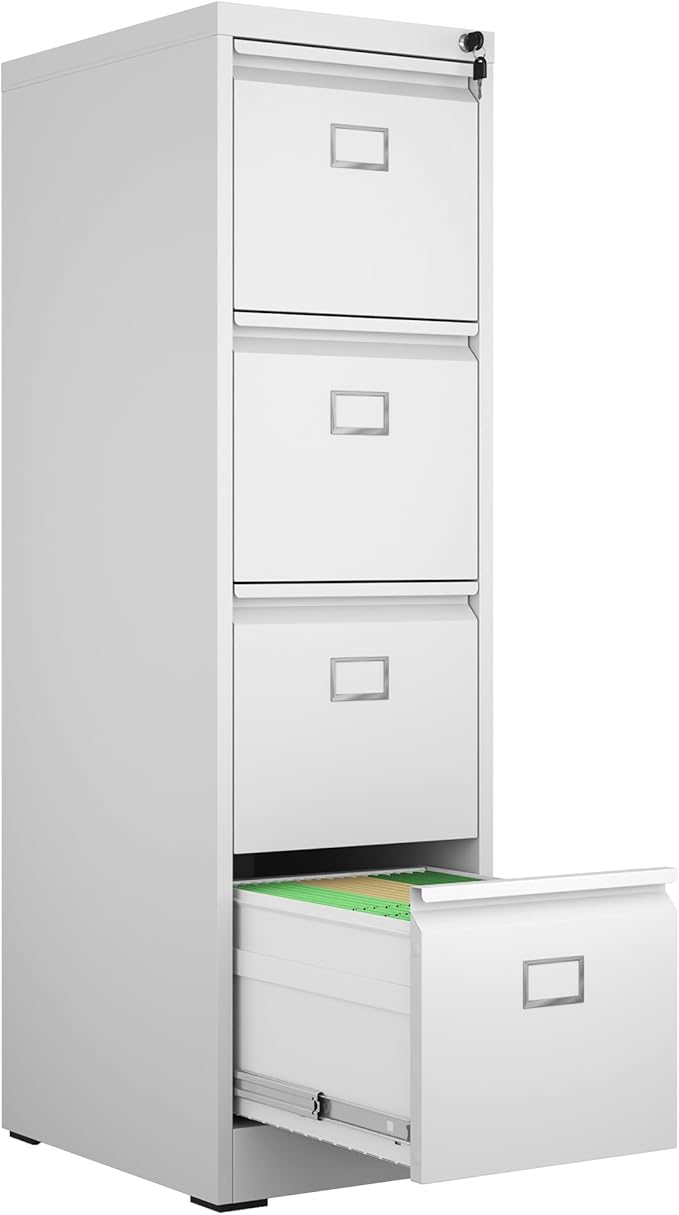 4 Drawer File Cabinet, Metal Vertical File Cabinets with Lock for Home Office, Heavy Duty Office Steel Filing Cabinet for Hanging Files for A4/ Legal/Letter,Assembly Required (White) - LeafyLoom