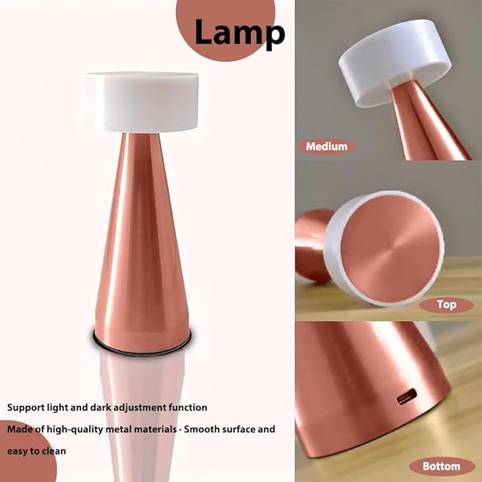 Portable Metal LED Table Lamp, Cordless Metal Desk Lamp, Touch Control Rechargeable Lamp,3-Levels Brightness Room Decor Desk Lamp,Bedside Lamp,Dining Room Lamp (Rose Gold) - LeafyLoom