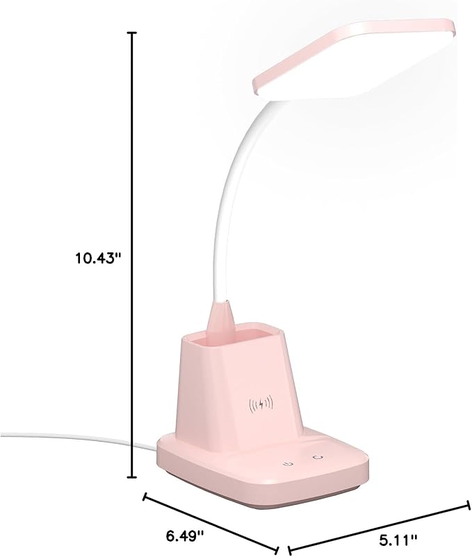 Sailstar Cute Desk Lamp, Pink Small Desk Lamp with Pen Holder, Wireless Charger LED Desk Lamps for Home Office, Kids Desk Lamp 800LM Gooseneck 3 Modes Dimmable Touch, Study Lamp for College Dorm Room - LeafyLoom