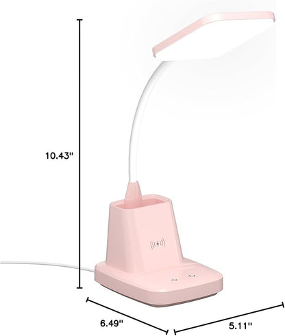 Sailstar Cute Desk Lamp, Pink Small Desk Lamp with Pen Holder, Wireless Charger LED Desk Lamps for Home Office, Kids Desk Lamp 800LM Gooseneck 3 Modes Dimmable Touch, Study Lamp for College Dorm Room - LeafyLoom