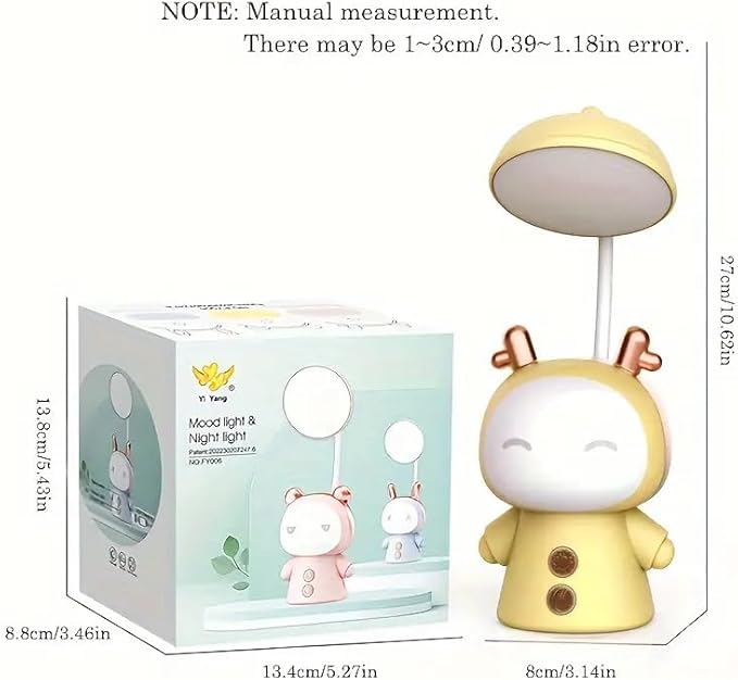 Cute Cartoon Kids Desk Lamp with Night Light - 360° Goose Neck LED Flexible Reading Light for Bedroom - Children Bedside Study Table Lamp (Yellow Fawn) - LeafyLoom