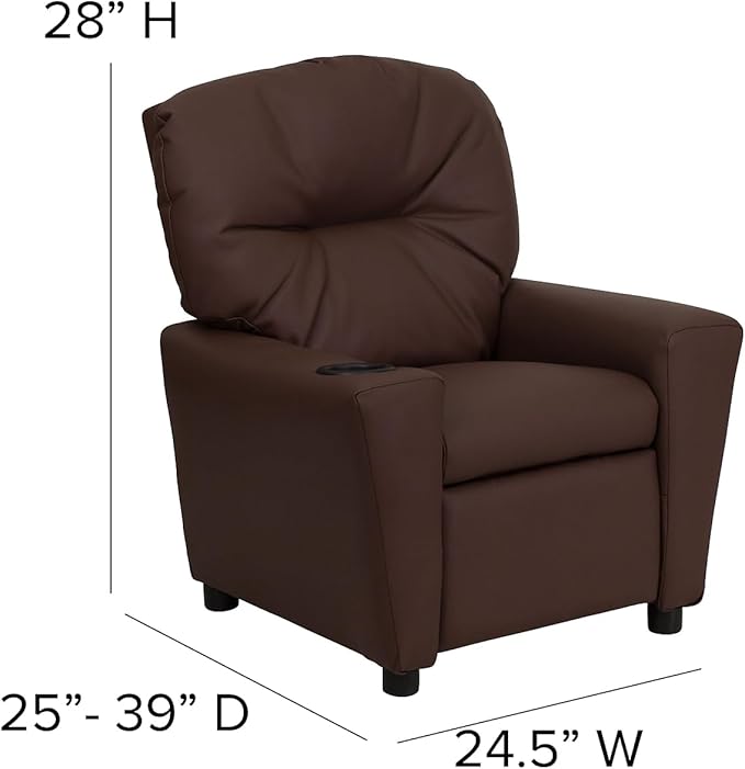 Flash Furniture Chandler LeatherSoft Kids Recliner with Cup Holder and Safety Recline, Contemporary Reclining Chair for Kids, Supports up to 90 lbs., Brown - LeafyLoom