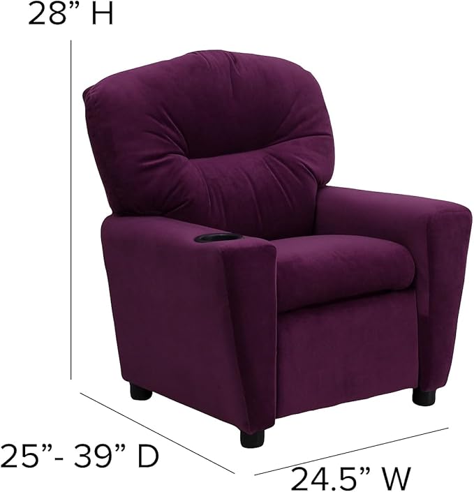 Flash Furniture Chandler Microfiber Kids Recliner with Cup Holder and Safety Recline, Contemporary Reclining Chair for Kids, Supports up to 90 lbs., Purple - LeafyLoom