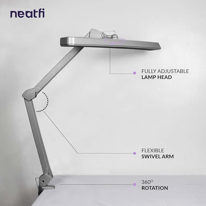 Neatfi XL 2,500 Lumens LED Task Lamp, 30W Super Bright Desk Lamp with Clamp, 162 Pcs SMD LED, Eye-Caring LED Lamp (Non-CCT, Silver) - LeafyLoom