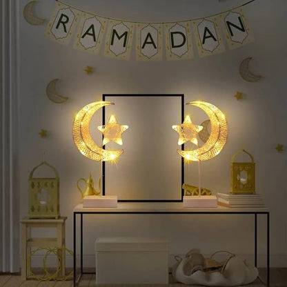 Upgraded Table Lamp for Ramadan Decorations, Battery Operated Warm White Bright LED Star Moon Shape Desk Lamp,Christmas Wedding Party Ramadan Eid Decoration for Home Romantic Table Lamp - LeafyLoom