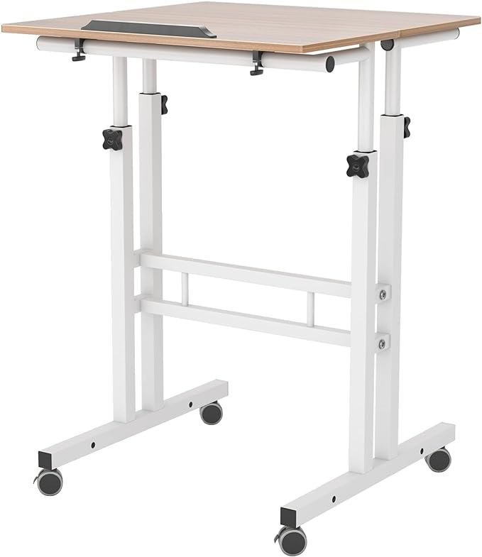 sogesfurniture Mobile Standing Desk Laptop Workstation on Wheels, Adjustable Computer Desk for Standing or Sitting, Oak 101-OK - LeafyLoom