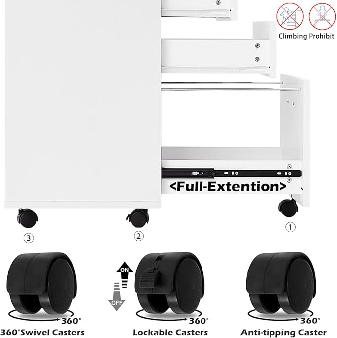 Panana 3 Drawer Wood Mobile File Cabinet, Under Desk Storage Drawers Small File Cabinet for Home Office (White) - LeafyLoom