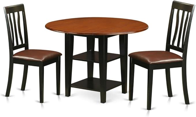 East West Furniture SUAN3-BCH-LC 3 Piece Dining Room Furniture Set Contains a Round Dining Table with Dropleaf & Shelves and 2 Faux Leather Upholstered Chairs, 42x42 Inch, Black & Cherry - LeafyLoom