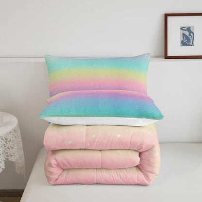 Rainbow Comforter Set King Size Tie Dye Pastel Bedding Comforter Sets for Boys Girls Kids Bedroom Decor, Glitter Galaxy Bedding Ink Pastel Printing Duvet Insert with 2 Pillowcases, Pink Blue Yellow - LeafyLoom