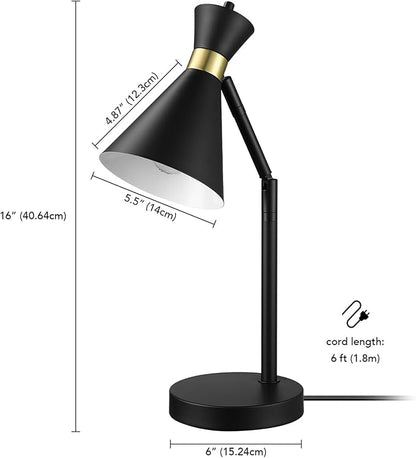 Globe Electric 61000056 16" Desk Lamp, Matte Black Finish, Matte Brass Accents, Pivot Joint, On/Off Rotary Switch on Socket, E26 Base Bulb, Lamp for Living Room, Home Office, Home Improvement - LeafyLoom