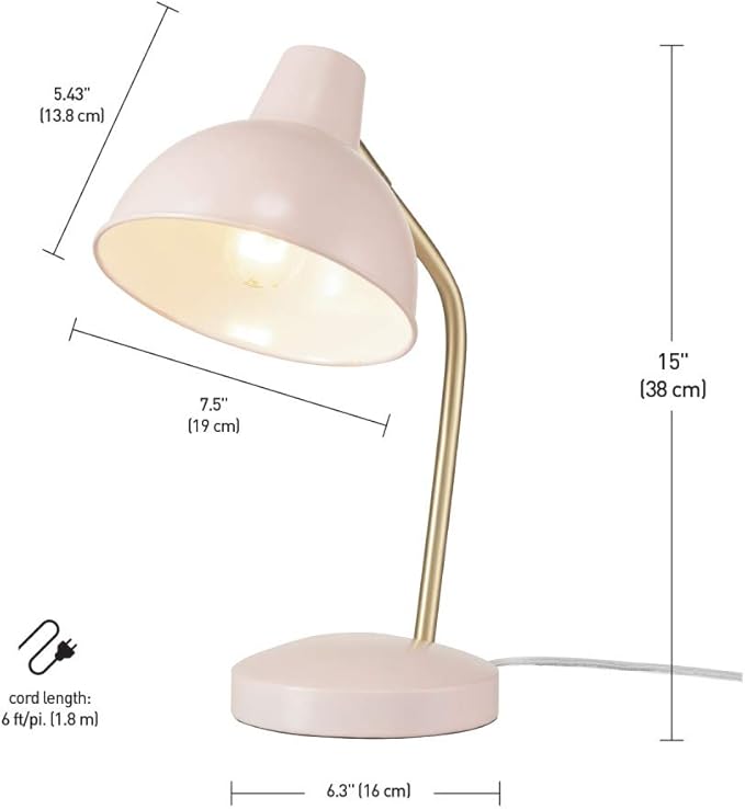 Globe Electric 67339 16" Desk Lamp, Matte Rose, Gold Arm, Clear Cord, in-Line On/Off Switch, Office Decor, Home Essentials, Reading Light, Room Lighting, Dorm - LeafyLoom