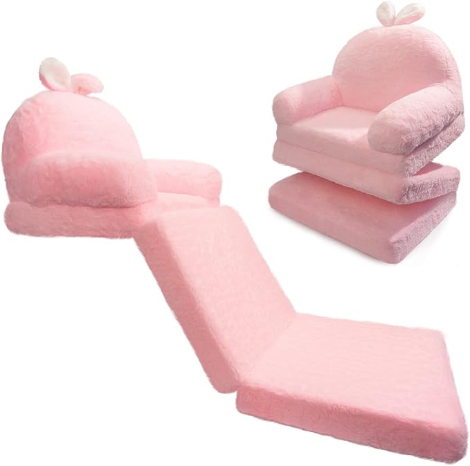 Kids Couch Fold Out Soft Toddler Chairs,Toddler Armrest Chair Bed for Play,Gift for 0-3 Years,Pink Bunny - LeafyLoom