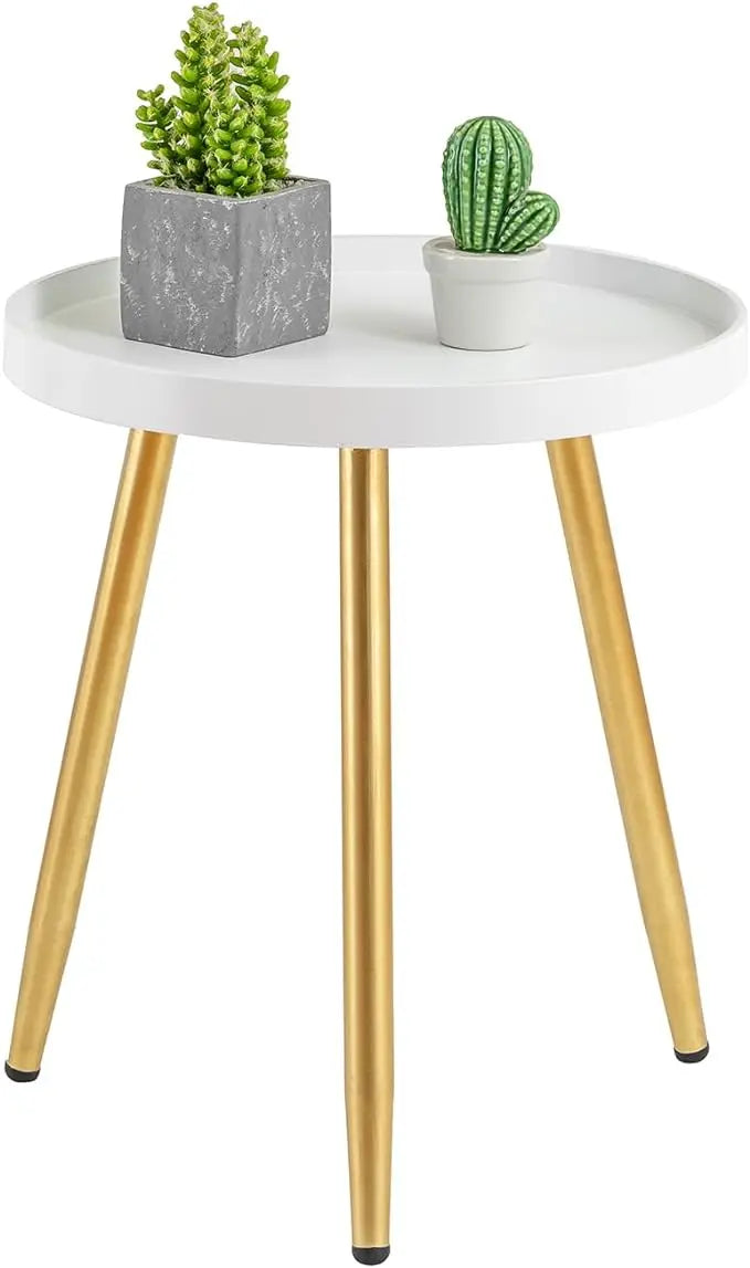 Round Side Table Wooden Tray Table with Metal Tripod Stand Nightstand Coffee Table End Table for Living Room Bedroom Office Small Spaces, 18" H x 15”D (White & Gold) - LeafyLoom