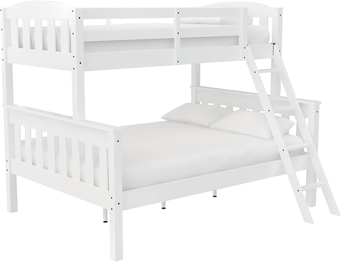 DHP Airlie Convertible Wood Bunk Bed, Stackable and Detachable Bed Frames for Kids and Teens, with Angled Ladder, High Guardrail, Wood Slats, No Boxspring Required, Twin-Over-Full, White - LeafyLoom