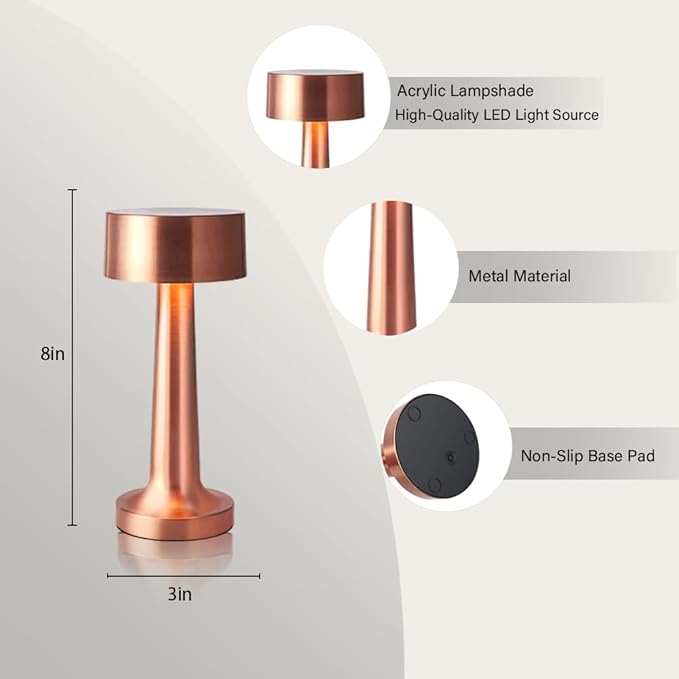 Portable LED Table Lamp, 3-Levels Brightness Metal Desk Lamp, 3 Color Touch Control Rechargeable Lamp, Night Light, Bedside Lamp,Dining Room Lamp,Gifts for Friends (Rose Gold) - LeafyLoom