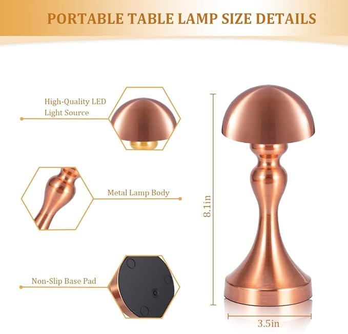 Portable LED Table Lamp, 3-Levels Brightness Metal Desk Lamp, 3 Color Touch Control Rechargeable Lamp, Night Light, Bedside Lamp,Dining Room Lamp (Rose Gold) - LeafyLoom