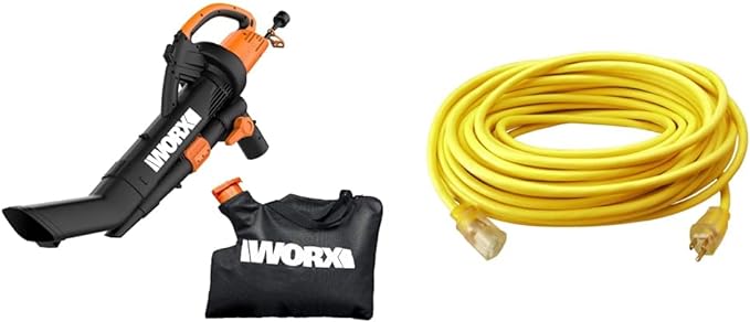 Worx 12 Amp TRIVAC 3-in-1 Electric Leaf Blower & Southwire 2588SW0002 Outdoor Cord-12/3 SJTW Heavy Duty 3 Prong Extension Cord-for Commercial Use (50', Yellow), 50 Feet - LeafyLoom