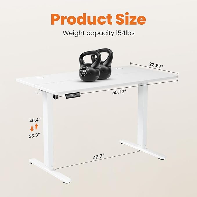 Sweetcrispy Standing Desk -55 in Electric Standing Desk, Height Adjustable Stand Up Desk for Home Office, Sit Stand Desk Stable Computer Rising Desk with Spliced Board, 2 Storage Hooks, White - LeafyLoom