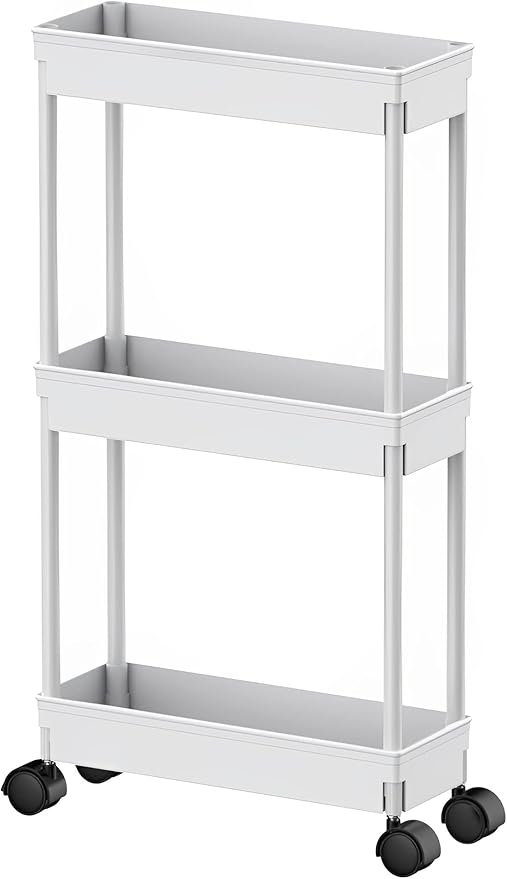 Sooyee 3 Tier Rolling Cart with Wheels,Slim Storage Cart,Narrow Storage Cabinet,Under Desk Storage,Rolling Utility Cart Storage Organizer for Office Bathroom Kitchen Laundry Room Narrow Places, White - LeafyLoom