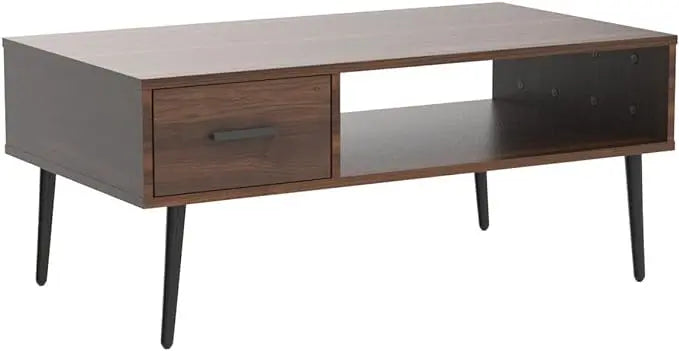 HAIOOU Coffee Table, Mid Century Modern Style Cocktail Table TV Stand with Drawer, Open Storage Shelf, Stable Floor-Anti-Scratching Pine Leg for Home, Office, Living Room - Walnut - LeafyLoom