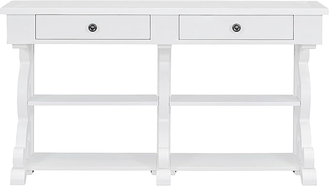 Retro Console Table with Ample Storage,Wood Sideboard Frame,W/Open Adjustable Shelves and 2 Drawers,Buffet Cabinet for Entrance Dinning Living Room,Antique White, 54.1" - LeafyLoom