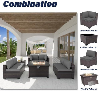 Patio Furniture Set with Fire Pit Table 8 Pieces Outdoor Sectional Furniture Outdoor Rattan Patio Conversation Sets with 43in 55,000 BTU Propane Gas Fire Pit Table Glass Table, Grey - LeafyLoom