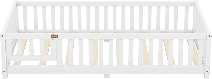 Multifunctional Twin Size Floor Bed with Safety Guardrails and Door, Removable Wood Slats, Montessori Beds Frame for Toddlers, Easy Assembly, for Boys and Girls Room, White - LeafyLoom