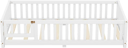 Multifunctional Twin Size Floor Bed with Safety Guardrails and Door, Removable Wood Slats, Montessori Beds Frame for Toddlers, Easy Assembly, for Boys and Girls Room, White - LeafyLoom