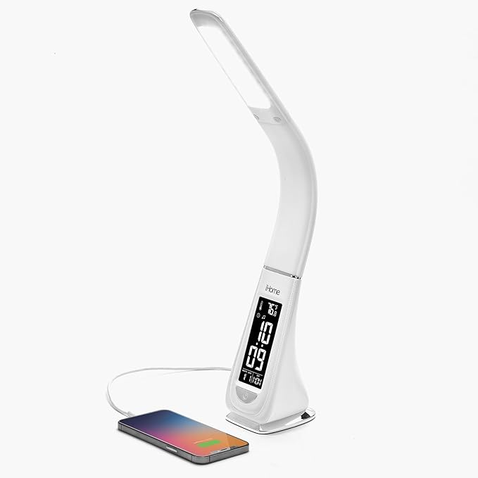 iHome Desk Lamp for Bedroom, Reading Light with Alarm Clock and USB Charging – White (IL100W) - LeafyLoom