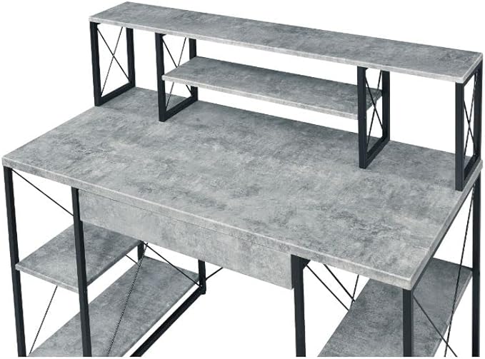 Acme Amiel Wooden 1-Drawer Writing Desk in Faux Concrete and Black - LeafyLoom