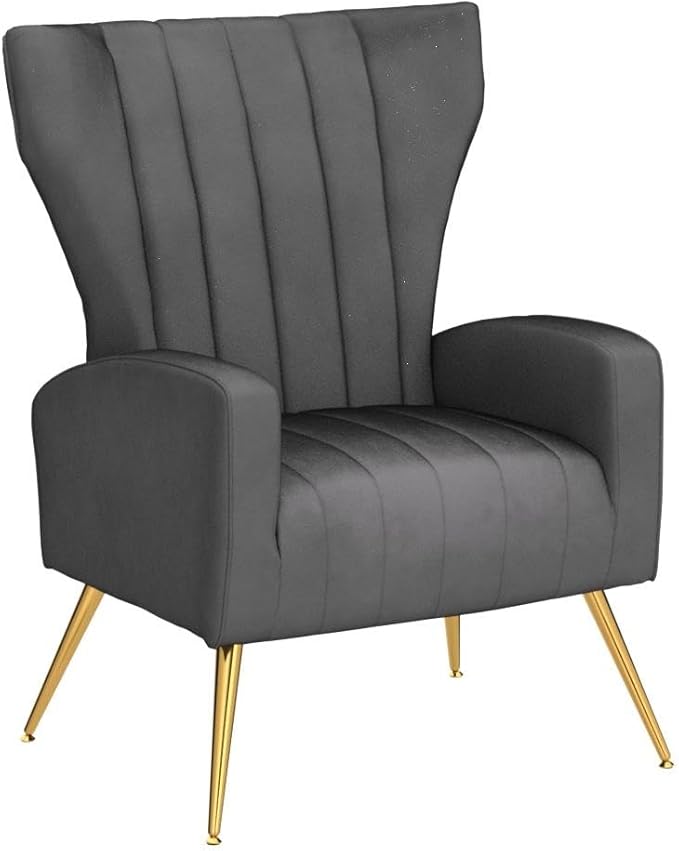 Armchair Modern Velvet Accent Chair, Channel Tufted Bedroom, Office or Living Room Furniture with Elegant Metal Legs, Grey - LeafyLoom