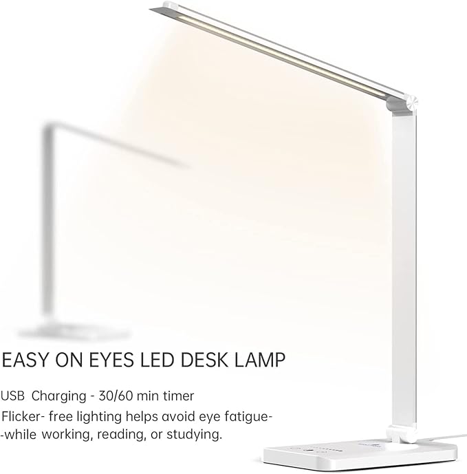 Ambertronix LED Desk Lamp with USB Charging Port, Dimmable Eye-Caring Reading Desk Light for Home, with 5 Brightness Level & 3 Lighting Modes, Touch Control, Auto Timer (White) - LeafyLoom